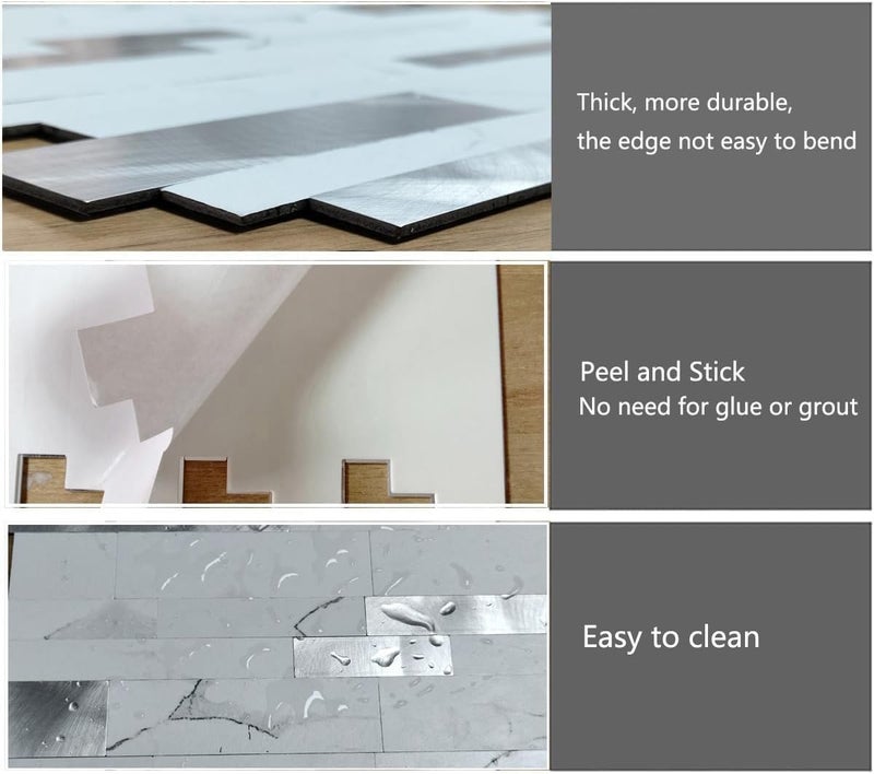 weimeisc 10-Sheet Peel and Stick Backsplash Tile, PVC Mixed Metal Stick on Bathroom Vanities Fireplace Décor, Laundry Table (Light Blue Marble+Frosted Silver) - Image 4